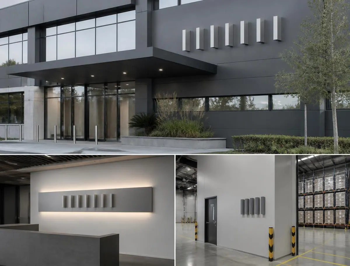 Tres aplicaciones de avisos y señalización: fachada con aviso tridimensional iluminado, señales de seguridad industrial y orientación corporativa interior